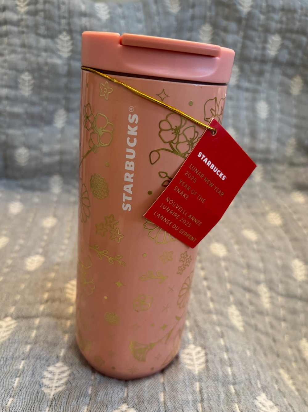 New Starbucks Pink Floral Travel Tumbler with Gold Accents
